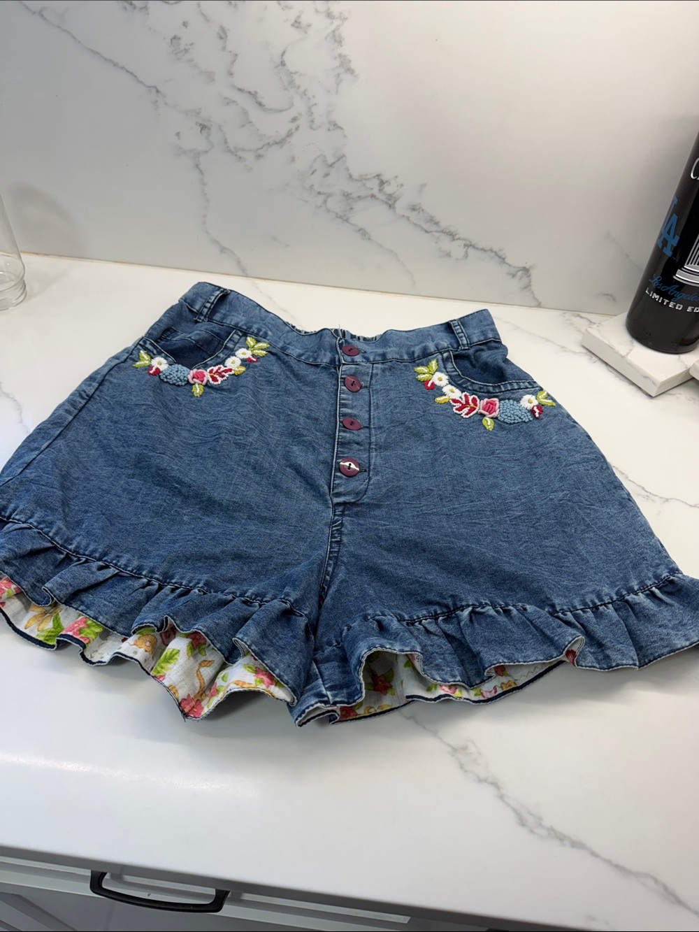 Kitsch Blue Denim Embroidered Ruffle Shorts